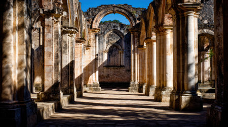 Explore the captivating beauty of ancient ruins featuring elegant arches and columns. The play of sunlight and shadows enhances the historical atmosphere.の素材