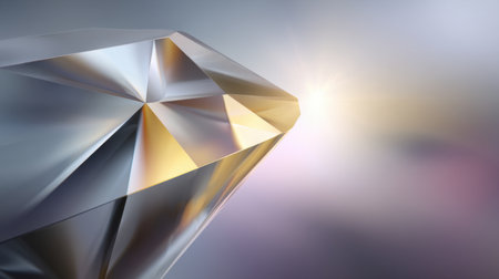 A close-up view of a brilliant diamond showcasing its multifaceted surface and sparkling light reflections against a soft blurred background.の素材