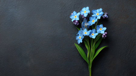 A beautiful bouquet of delicate blue flowers with bright yellow centers against a dark stone background. This minimalist arrangement evokes tranquility and natural beauty.の素材