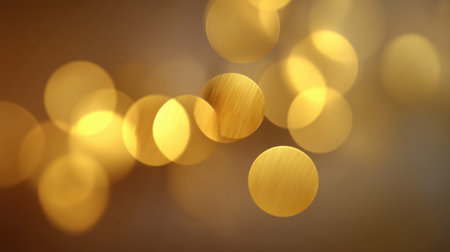 This image features soft golden bokeh circles on a blurred backdrop, creating a warm and inviting ambiance ideal for design and photography projects.の素材