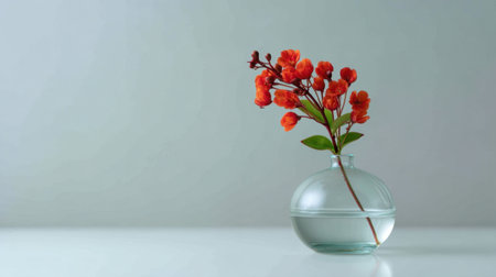 This image showcases an elegant arrangement of vibrant orange flowers in a clear glass vase, set against a soft grey background, creating a tranquil and serene atmosphere.の素材