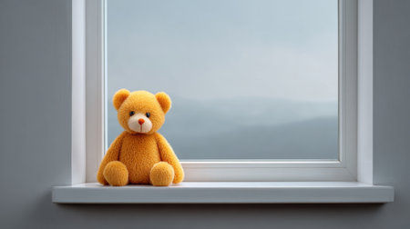 A charming orange teddy bear rests on a windowsill, evoking feelings of comfort and nostalgia against a soft, serene landscape, perfect for children and families.の素材