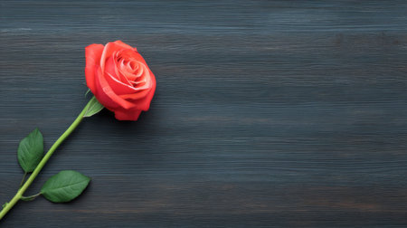 A stunning single rose lies gracefully on a dark wooden surface, perfect for romantic themes, nature photography, or artistic designs, radiating beauty and elegance.の素材