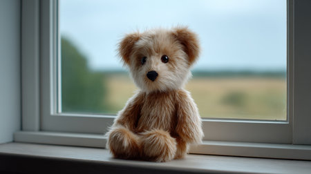 A charming teddy bear sits on a windowsill, capturing the essence of childhood innocence, surrounded by calming natural light and a serene outdoor landscape.の素材