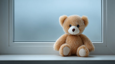 A charming soft teddy bear perched on a windowsill brings a cozy and nostalgic feeling, perfectly capturing the essence of childhood comfort and tranquility.の素材