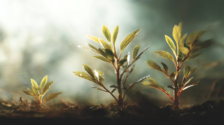 Delicate seedlings emerge from rich soil, highlighting nature's beauty. This image captures the essence of growth, vitality, and the peaceful ambiance of the natural world.の素材