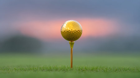 A striking golden golf ball rests on a tee, set against a blurred backdrop of a colorful evening sky and lush grass, symbolizing leisure and athleticism.の素材