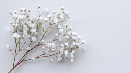 Fresh white baby's breath flowers arranged elegantly on a soft gray background create a serene and minimalist aesthetic. Perfect for decorative and artistic uses.の素材