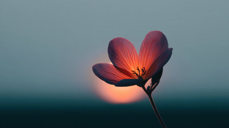 A captivating image featuring a delicate pink flower softly glowing against a sunset, creating a tranquil atmosphere that highlights nature's beauty and elegance.の素材