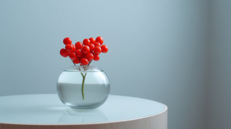 Captivating view of vibrant red berries in a glass vase filled with water, positioned on a minimalist round table, creating a serene and modern indoor setting.の素材