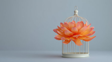A beautiful orange flower rests inside a birdcage, merging elegance and symbolism. This peaceful still life evokes feelings of serenity and artistry in a minimal setting.の素材