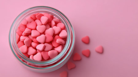 A glass jar filled with delightful heart-shaped candies in shades of pink and red sits on a smooth pink surface. Perfect for sweet celebrations and decorations.の素材