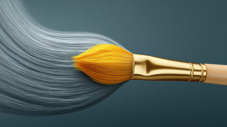 A vibrant artistic image featuring a golden brush creating a flowing gray hair effect, perfect for projects related to beauty, creativity, and design inspiration.の素材