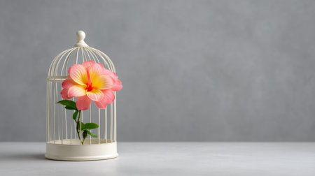A captivating pink flower is elegantly displayed within a decorative white birdcage against a soft gray background, creating a serene and artistic atmosphere.の素材