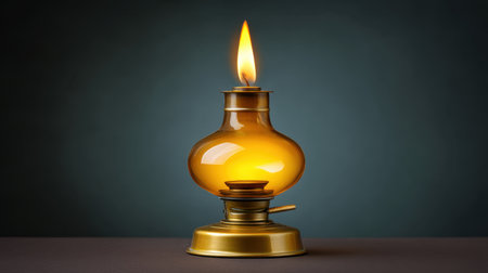 This captivating image features a vintage oil lamp with a vibrant amber hue, illuminating the dark background and evoking a sense of warmth and nostalgia.の素材