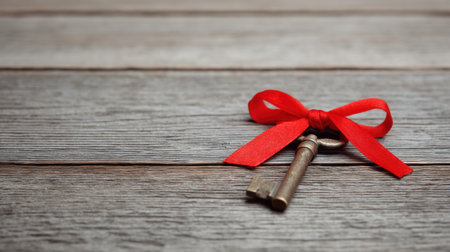 A vintage key adorned with a bright red ribbon rests on a weathered wooden surface, encapsulating themes of love, nostalgia, and uniqueness in visual storytelling.の素材
