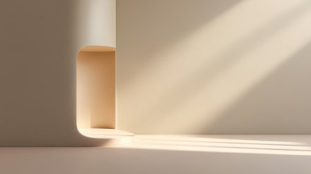 Soft light falls through an architectural opening, casting gentle shadows across a minimalist space. This serene setting embodies modern design principles with neutral tones.の素材