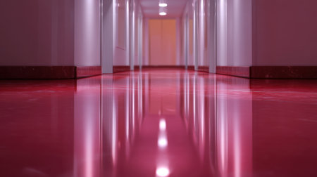 A captivating view of a modern corridor showcasing a glossy red floor that reflects the surrounding white walls and soft lights, creating a serene ambiance.の素材
