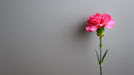 A stunning pink carnation stands against a soft gray background, showcasing its delicate petals and elegant form. The minimalist style evokes tranquility and beauty.の素材