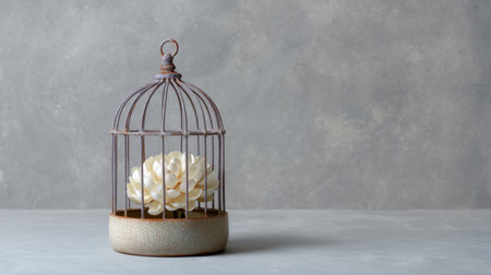 A beautifully arranged flower is showcased inside an antique birdcage, set against a soft textured background, creating a serene and elegant atmosphere for decorative use.の素材