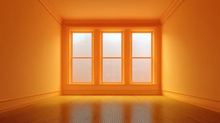 An empty room with vibrant orange walls and large windows, creating a warm atmosphere. Ideal for modern interior design, showcasing light and tranquility.の素材
