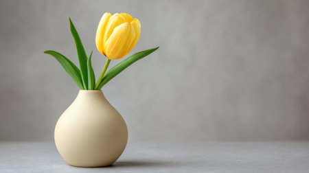 A striking yellow tulip stands gracefully in a minimalist vase, set against a soft neutral background, perfect for enhancing modern spaces or floral presentations.の素材