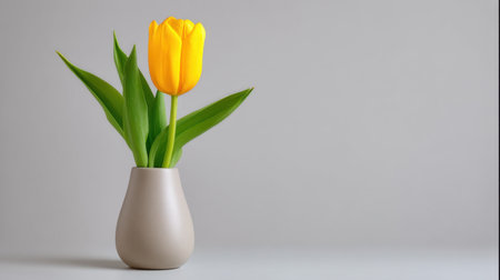 A stunning yellow tulip stands tall in a simple grey vase against a soft background, creating a serene and elegant atmosphere, perfect for spring-themed projects.の素材