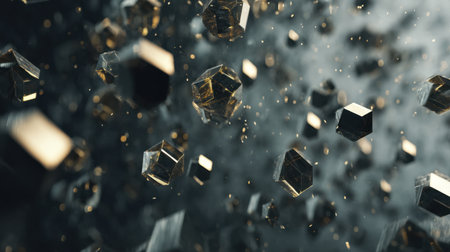 This stunning abstract image features floating geometric shapes that create a dreamlike atmosphere, enhanced by intricate details and soft, shimmering reflections.の素材