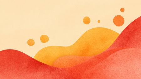 This vibrant abstract watercolor artwork features flowing shapes in warm orange and red tones against a soft cream background, creating a cheerful and inviting atmosphere.の素材