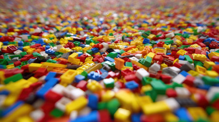A vibrant spread of assorted plastic building blocks creates a visually appealing scene perfect for showcasing creativity, play, and educational potential in various projects.の素材
