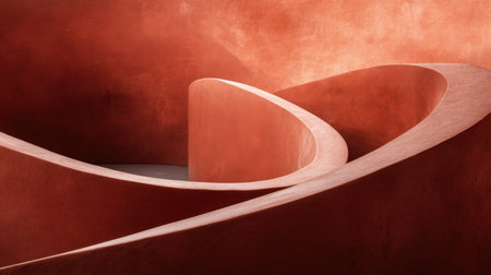 Explore the dynamic interplay of curves and warm terracotta shades in this abstract architectural image, highlighting modern design's elegance and fluidity.の素材