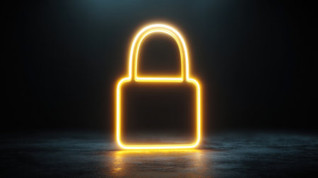 A vibrant neon padlock symbol set against a dark background, representing concepts of security, safety, and digital protection in an artistic and modern style.の素材