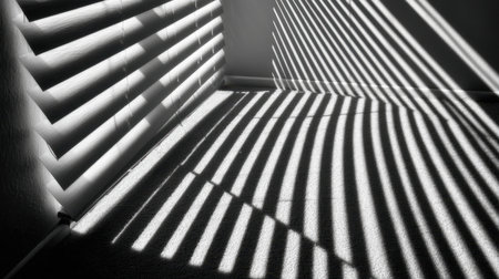 This striking monochrome image captures shadows and patterns created by sunlight filtering through blinds, showcasing a tranquil and minimalist indoor space.の素材
