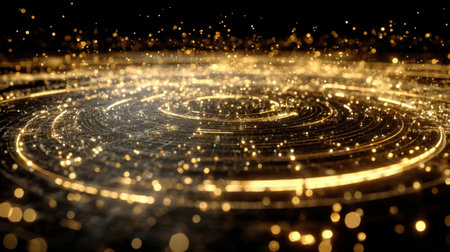 A mesmerizing abstract image featuring swirling golden lights and sparkles against a dark backdrop. Perfect for creating stunning visuals and artistic designs.の素材