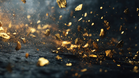 Captivating image of shimmering gold particles in motion, reflecting light against a dark surface, symbolizing luxury and opulence, ideal for creative projects.の素材