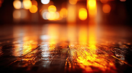 A captivating close-up of polished wooden floor with warm light reflections, creating an inviting atmosphere and a serene backdrop perfect for artistic projects or interior themes.の素材