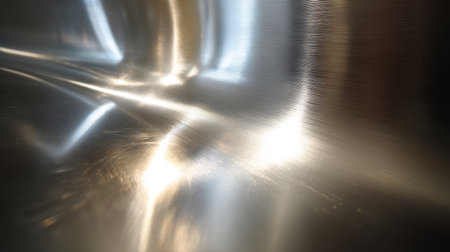 This abstract image highlights the beauty of a smooth metal surface reflecting light, with elegant curves and intricate patterns that create a dynamic visual experience.の素材