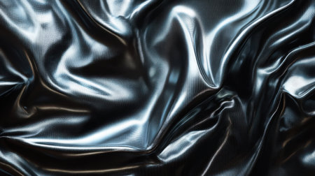 Experience the allure of a smooth, shiny black fabric with intricate wrinkles and texture. Perfect for backgrounds or fashion designs, this image enhances visual appeal.の素材