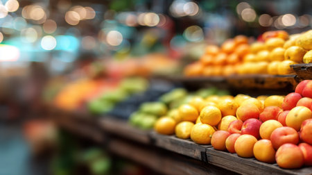 A captivating display of fresh fruits at a market stall showcases vibrant colors and textures. The blurred background highlights the appealing arrangement of produce.の素材