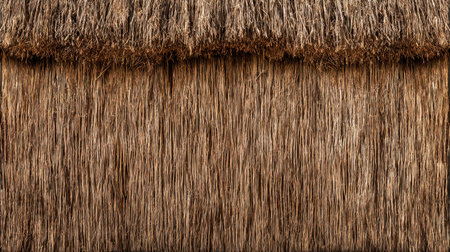 Close-up of natural thatched straw roofing material. The warm tones and intricate texture evoke a rustic charm, perfect for traditional or eco-friendly designs in architecture.の素材