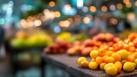 A vibrant market scene showcasing fresh and colorful fruits in a lively atmosphere. The soft bokeh lights enhance the beauty of local produce, inviting shoppers.の素材