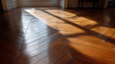 Beautiful wooden floor showcases a classic herringbone pattern, illuminated by warm sunlight, creating striking shadows that enhance the room's elegance and ambiance.の素材