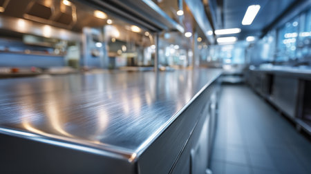 Discover a sleek stainless steel kitchen countertop in a professional culinary space, featuring soft lighting and an open layout, perfect for chefs and food preparation.の素材