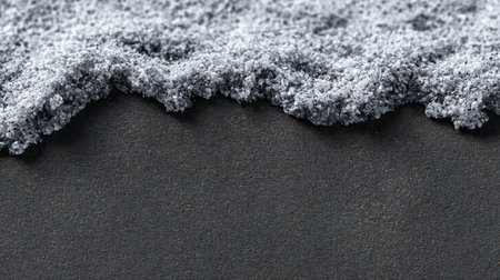 This image showcases an artistic close-up of dark sand combined with fine gray salt crystals, highlighting the texture and contrast on a black background.の素材
