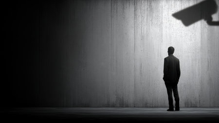 A solitary man dressed in a formal suit stands under the watchful gaze of a surveillance camera against a stark concrete wall, symbolizing modern security dilemmas and privacy issues.の素材
