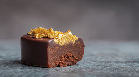 Indulge in a rich and luxurious chocolate square adorned with edible gold leaf. Perfect for gourmet desserts or upscale culinary presentations.の素材
