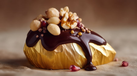 This stunning chocolate dessert boasts a rich ganache draped over a golden base, enhanced with an array of nuts and vibrant toppings, ideal for gourmet food lovers.の素材