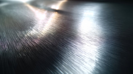 A captivating close-up view of a brushed metal surface showcasing intricate textures, reflections, and light interactions, ideal for modern design projects and artistic applications.の素材