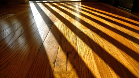 Beautifully lit wooden floor creating a warm ambiance as sunlight casts long shadows, showcasing the natural grains and inviting atmosphere in an indoor space.の素材