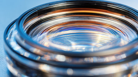 This close-up image features layered glass lens elements showcasing intricate reflections and vivid light distortion patterns, perfect for technology and artistry themes.の素材